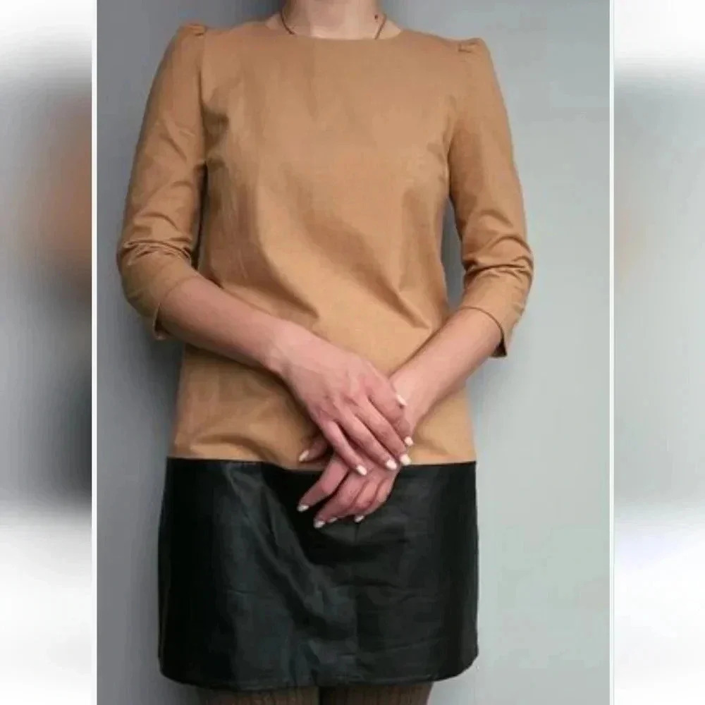 Zara Tan Fabric and Faux Black Leather Shift Dress